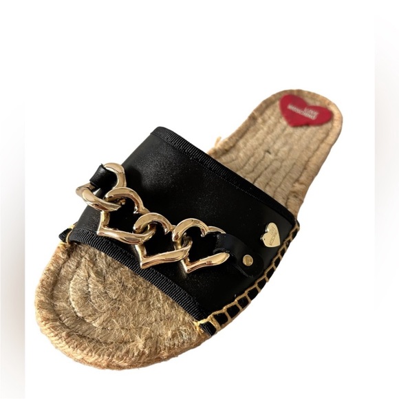Heart Chain Black Leather Espadrille Sliders - Picture 3 of 7